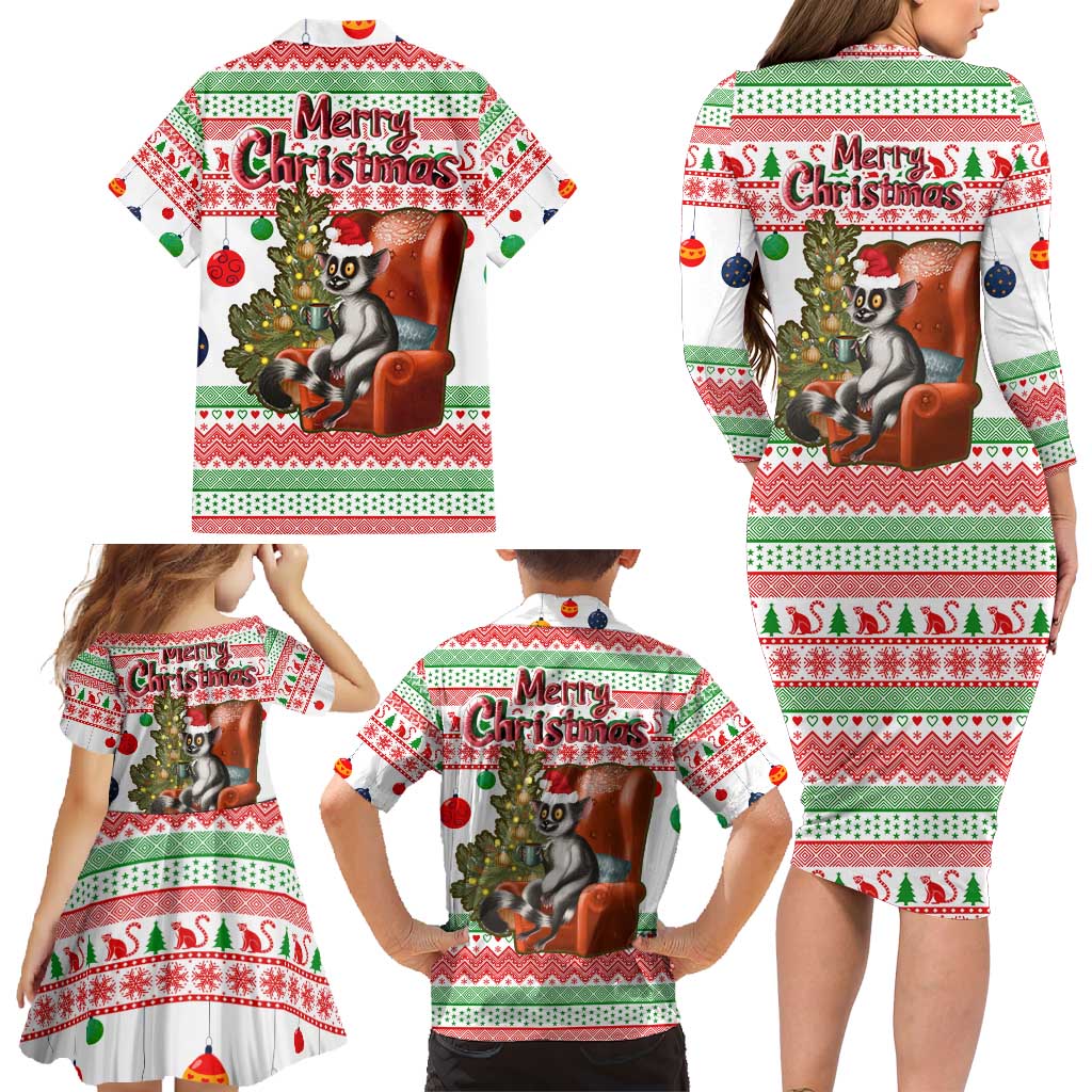 Madagascar Christmas Family Matching Long Sleeve Bodycon Dress and Hawaiian Shirt with Lemur Santa Hat Holiday Tree and Festive Pattern - Wonder Print Shop