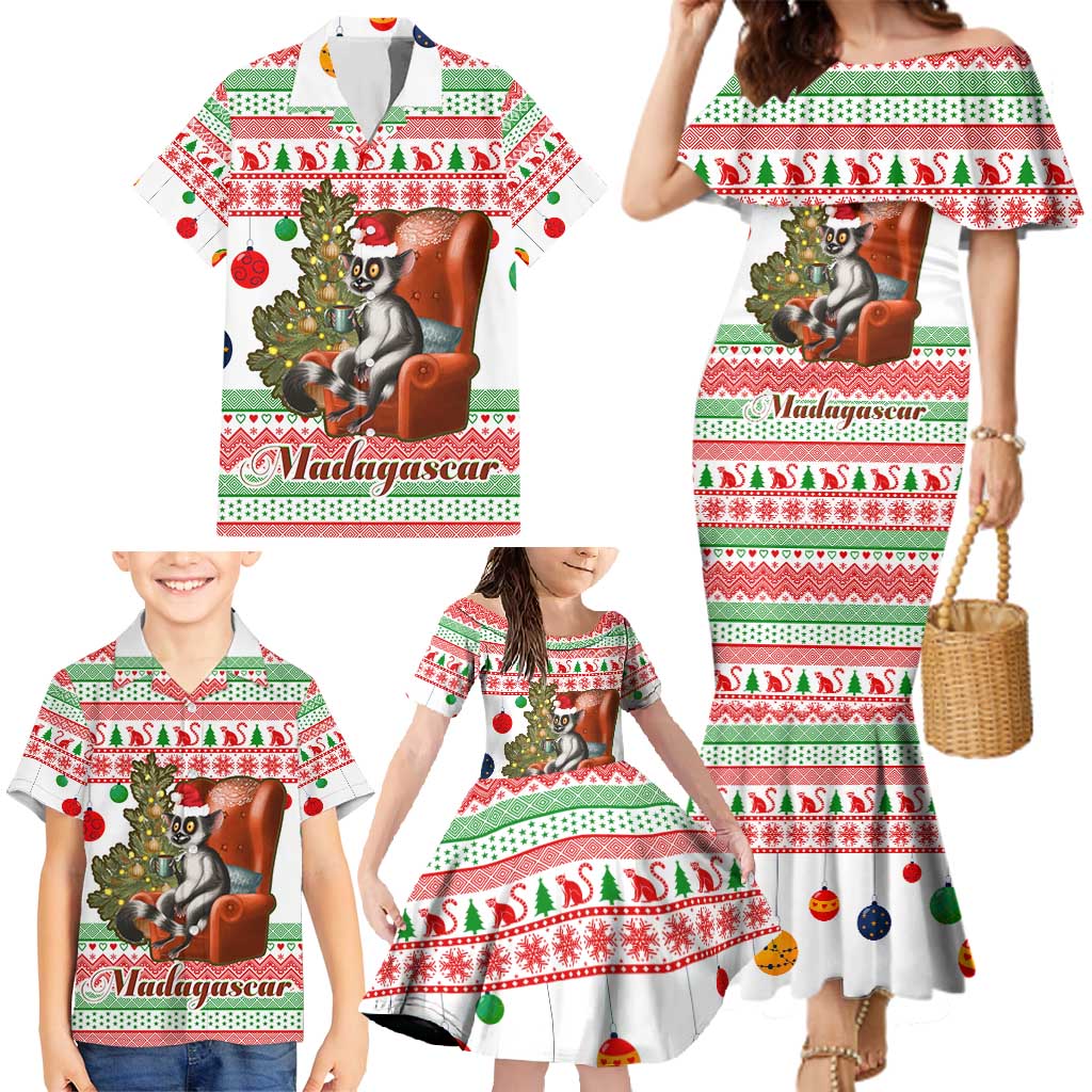 Madagascar Christmas Family Matching Mermaid Dress and Hawaiian Shirt with Lemur Santa Hat Holiday Tree and Festive Pattern - Wonder Print Shop