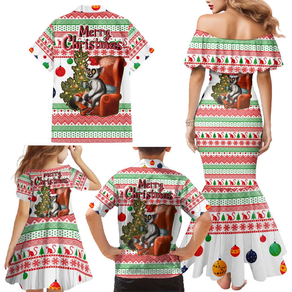 Madagascar Christmas Family Matching Mermaid Dress and Hawaiian Shirt with Lemur Santa Hat Holiday Tree and Festive Pattern - Wonder Print Shop