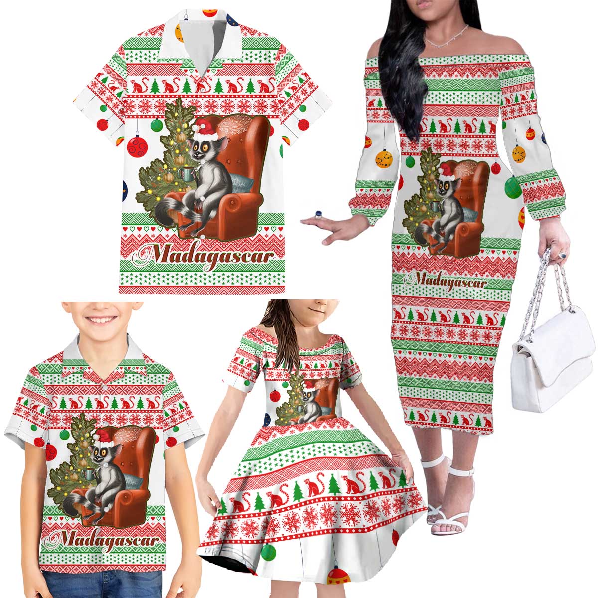 Madagascar Christmas Family Matching Off The Shoulder Long Sleeve Dress and Hawaiian Shirt with Lemur Santa Hat Holiday Tree and Festive Pattern - Wonder Print Shop