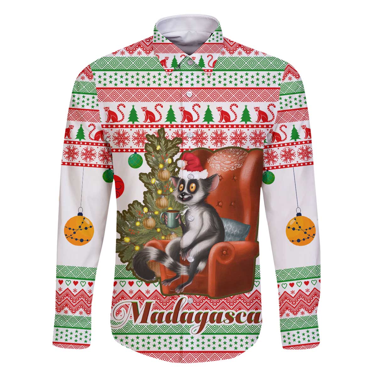 Madagascar Christmas Family Matching Off The Shoulder Long Sleeve Dress and Hawaiian Shirt with Lemur Santa Hat Holiday Tree and Festive Pattern - Wonder Print Shop