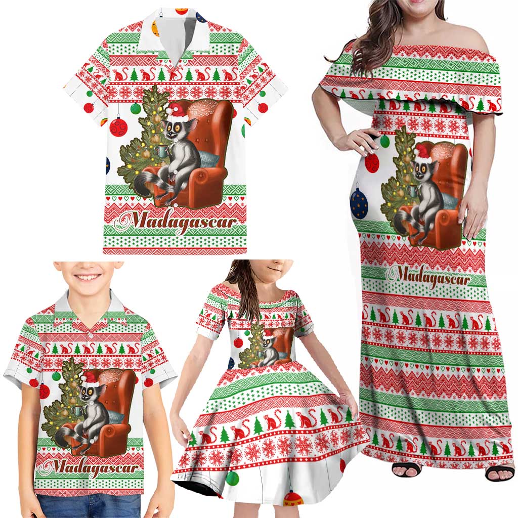 Madagascar Christmas Family Matching Off Shoulder Maxi Dress and Hawaiian Shirt with Lemur Santa Hat Holiday Tree and Festive Pattern - Wonder Print Shop