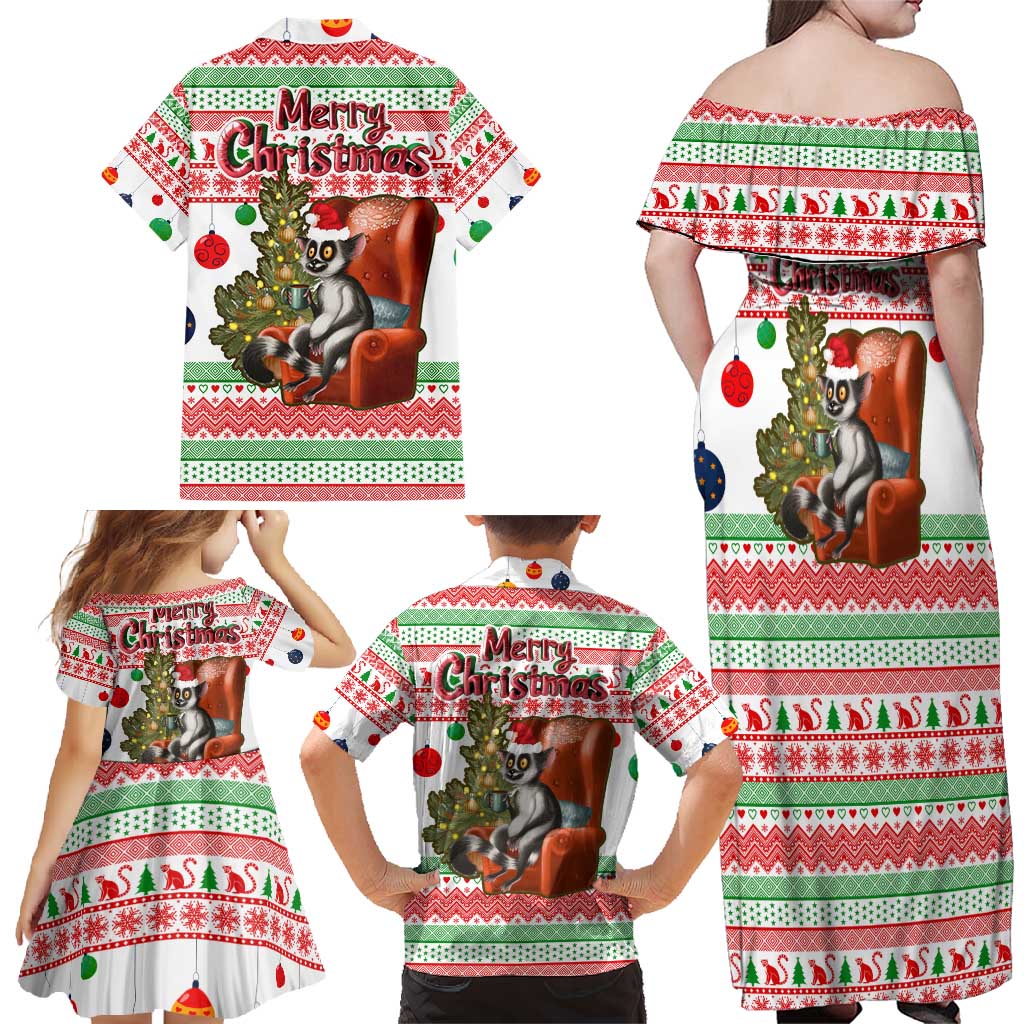 Madagascar Christmas Family Matching Off Shoulder Maxi Dress and Hawaiian Shirt with Lemur Santa Hat Holiday Tree and Festive Pattern - Wonder Print Shop