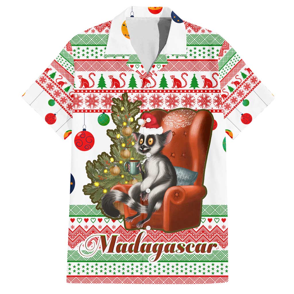 Madagascar Christmas Family Matching Off Shoulder Maxi Dress and Hawaiian Shirt with Lemur Santa Hat Holiday Tree and Festive Pattern - Wonder Print Shop