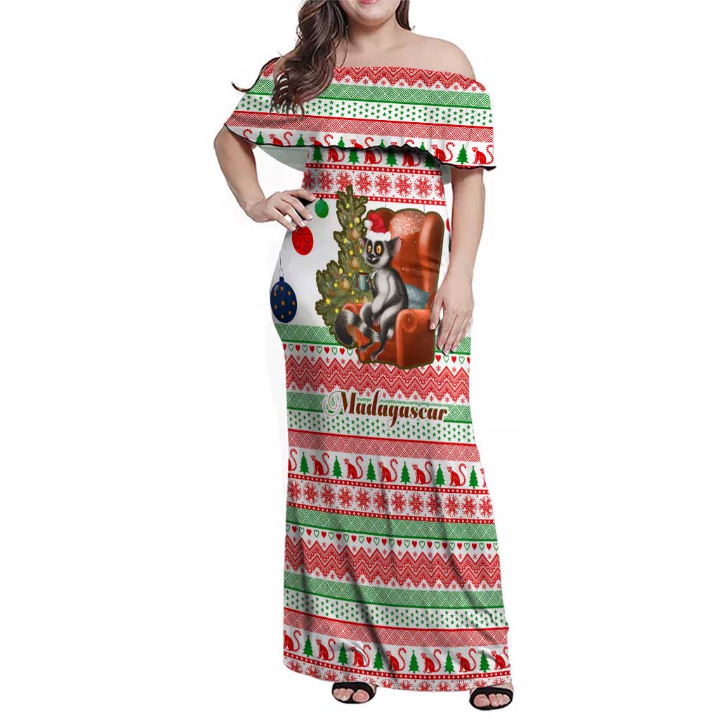 Madagascar Christmas Family Matching Off Shoulder Maxi Dress and Hawaiian Shirt with Lemur Santa Hat Holiday Tree and Festive Pattern - Wonder Print Shop