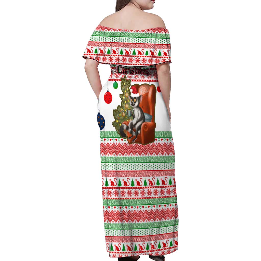 Madagascar Christmas Family Matching Off Shoulder Maxi Dress and Hawaiian Shirt with Lemur Santa Hat Holiday Tree and Festive Pattern - Wonder Print Shop
