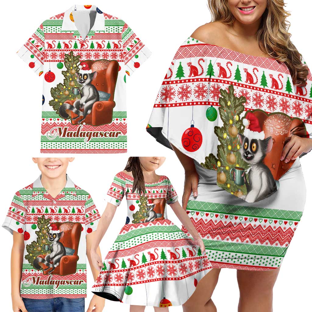 Madagascar Christmas Family Matching Off Shoulder Short Dress and Hawaiian Shirt with Lemur Santa Hat Holiday Tree and Festive Pattern - Wonder Print Shop
