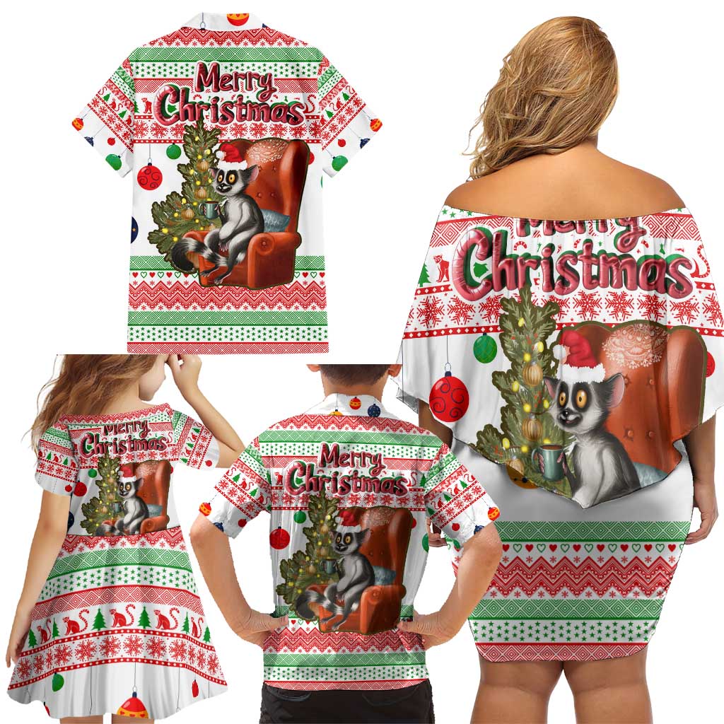Madagascar Christmas Family Matching Off Shoulder Short Dress and Hawaiian Shirt with Lemur Santa Hat Holiday Tree and Festive Pattern - Wonder Print Shop