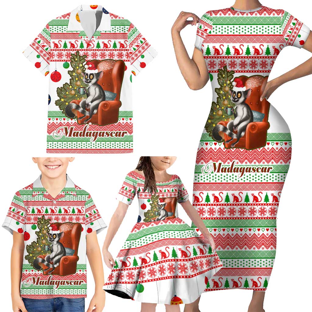 Madagascar Christmas Family Matching Short Sleeve Bodycon Dress and Hawaiian Shirt with Lemur Santa Hat Holiday Tree and Festive Pattern - Wonder Print Shop