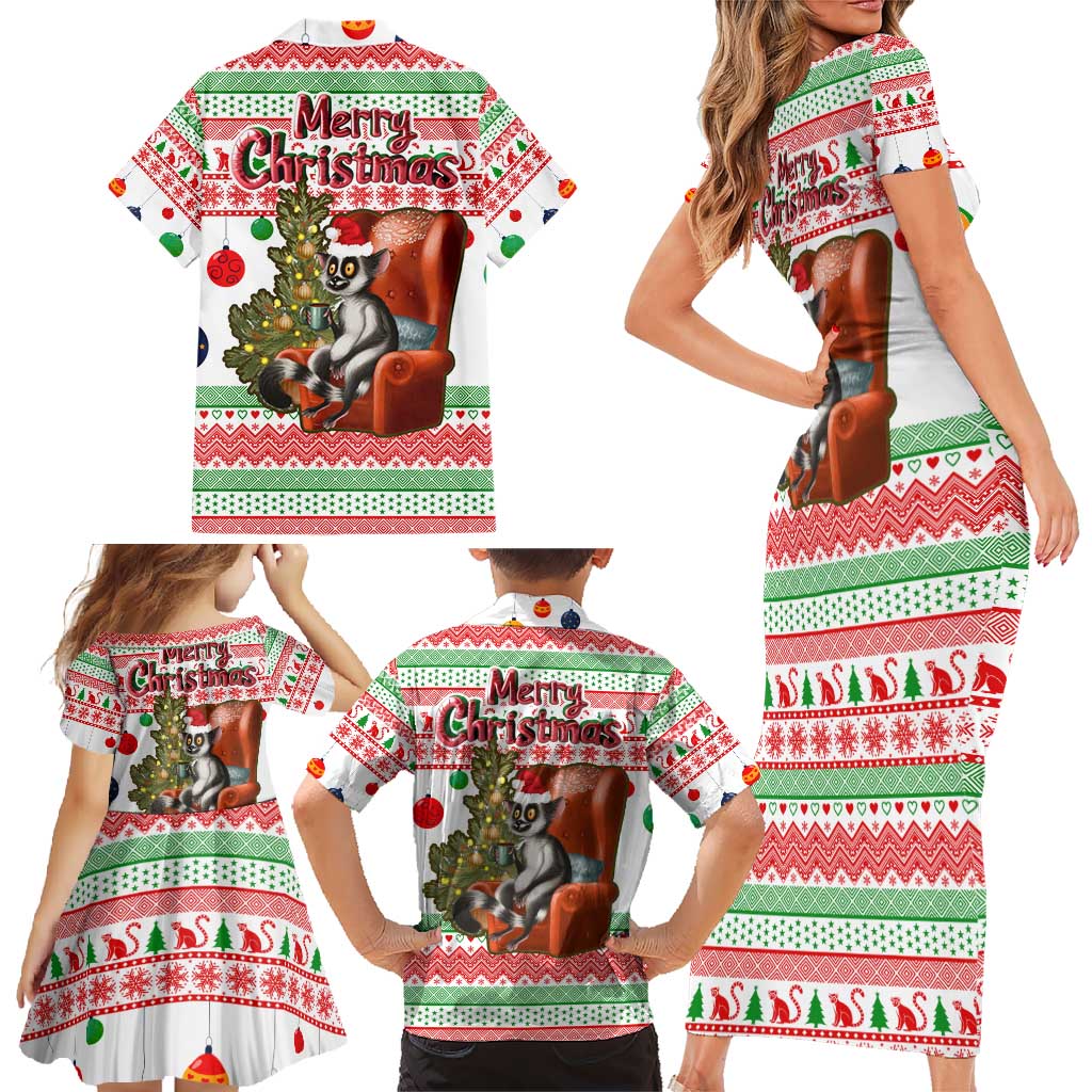 Madagascar Christmas Family Matching Short Sleeve Bodycon Dress and Hawaiian Shirt with Lemur Santa Hat Holiday Tree and Festive Pattern - Wonder Print Shop