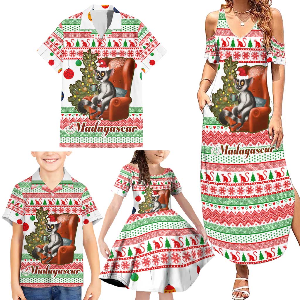 Madagascar Christmas Family Matching Summer Maxi Dress and Hawaiian Shirt with Lemur Santa Hat Holiday Tree and Festive Pattern - Wonder Print Shop