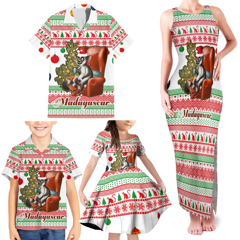 Madagascar Christmas Family Matching Tank Maxi Dress and Hawaiian Shirt with Lemur Santa Hat Holiday Tree and Festive Pattern - Wonder Print Shop