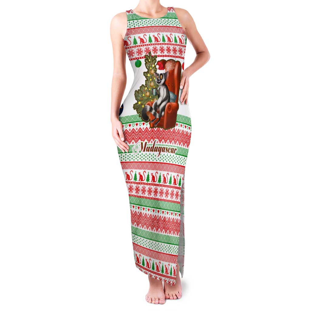 Madagascar Christmas Family Matching Tank Maxi Dress and Hawaiian Shirt with Lemur Santa Hat Holiday Tree and Festive Pattern - Wonder Print Shop