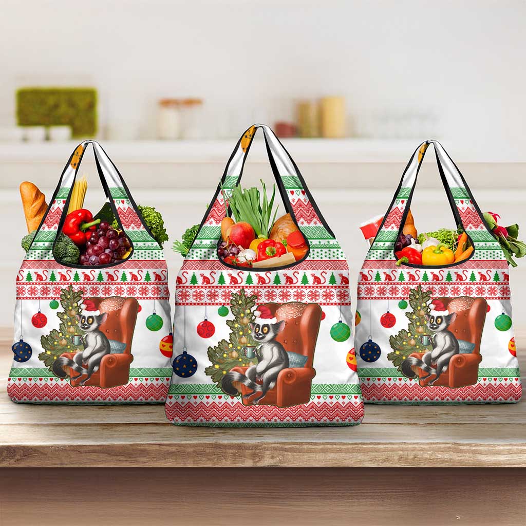 Madagascar Christmas Grocery Bag with Lemur Santa Hat Holiday Tree and Festive Pattern - Wonder Print Shop