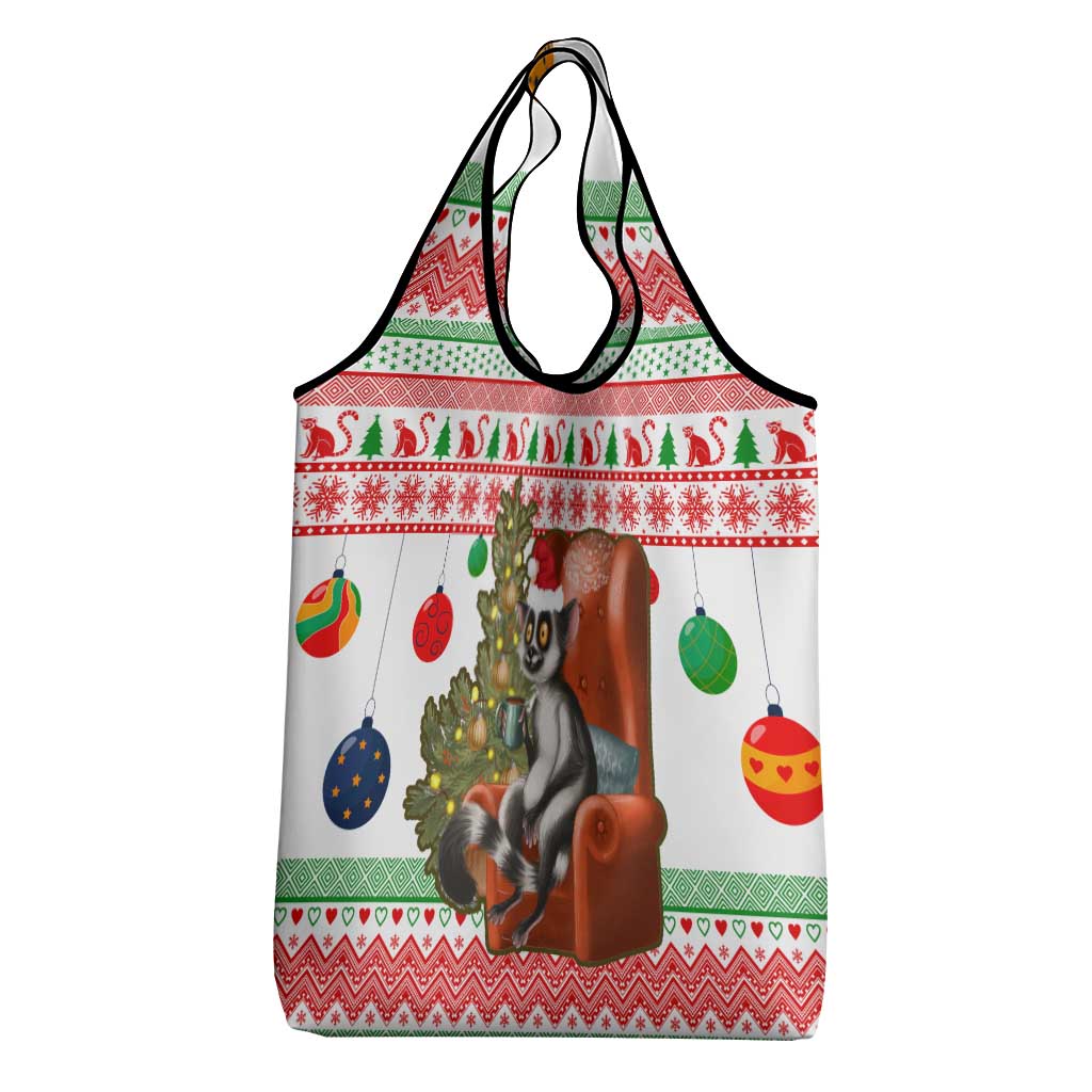 Madagascar Christmas Grocery Bag with Lemur Santa Hat Holiday Tree and Festive Pattern - Wonder Print Shop