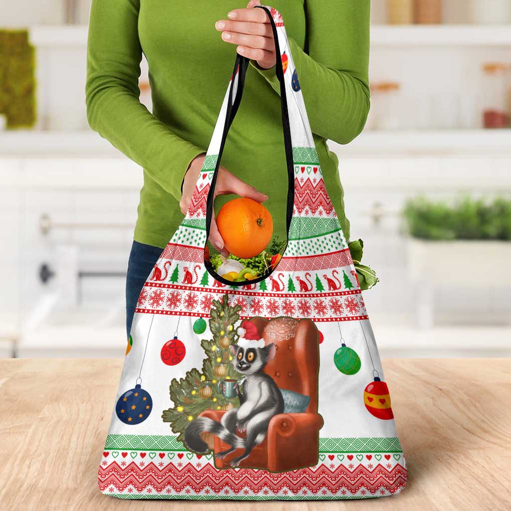 Madagascar Christmas Grocery Bag with Lemur Santa Hat Holiday Tree and Festive Pattern - Wonder Print Shop