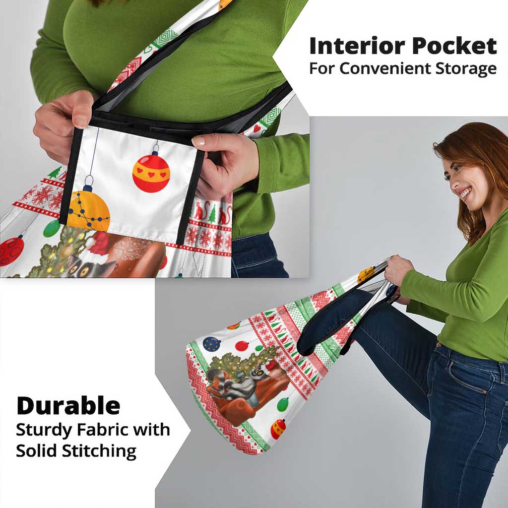 Madagascar Christmas Grocery Bag with Lemur Santa Hat Holiday Tree and Festive Pattern - Wonder Print Shop