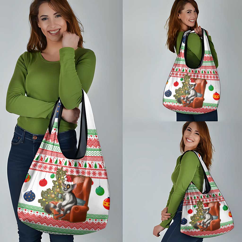 Madagascar Christmas Grocery Bag with Lemur Santa Hat Holiday Tree and Festive Pattern - Wonder Print Shop