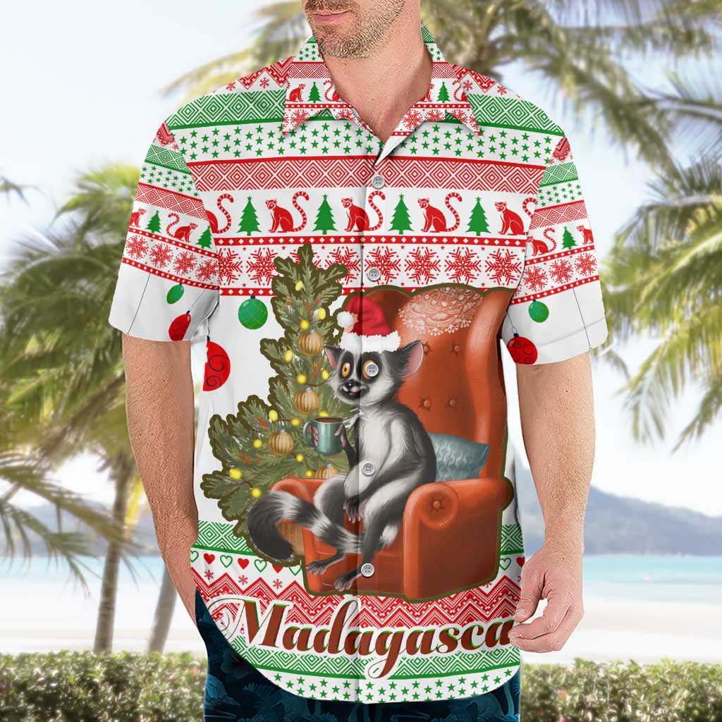 Madagascar Christmas Hawaiian Shirt with Lemur Santa Hat Holiday Tree and Festive Pattern - Wonder Print Shop
