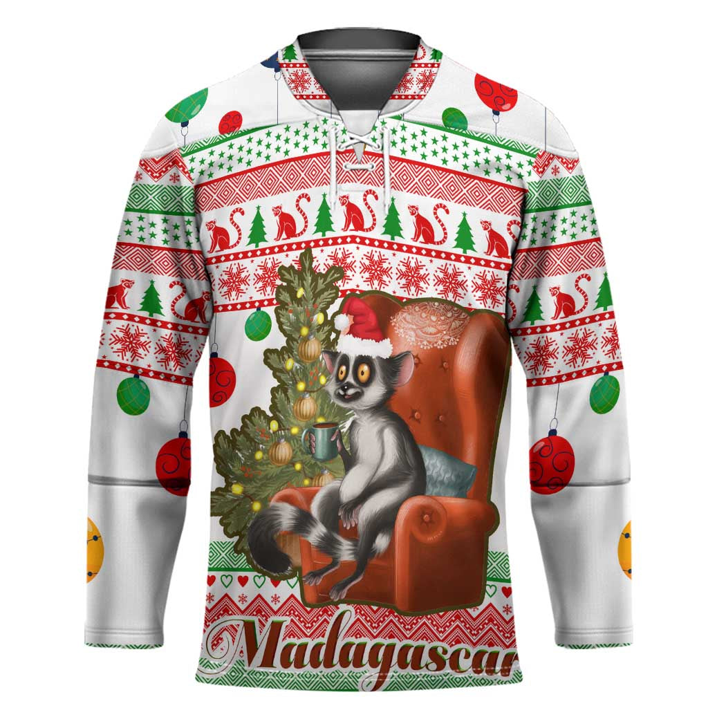 Madagascar Christmas Hockey Jersey with Lemur Santa Hat Holiday Tree and Festive Pattern - Wonder Print Shop