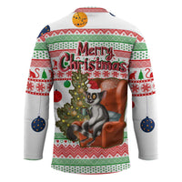 Madagascar Christmas Hockey Jersey with Lemur Santa Hat Holiday Tree and Festive Pattern - Wonder Print Shop