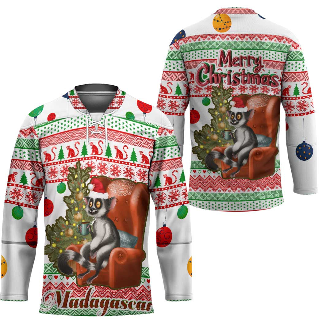 Madagascar Christmas Hockey Jersey with Lemur Santa Hat Holiday Tree and Festive Pattern - Wonder Print Shop