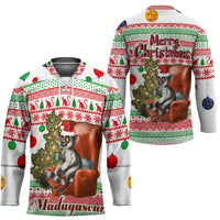 Madagascar Christmas Hockey Jersey with Lemur Santa Hat Holiday Tree and Festive Pattern - Wonder Print Shop