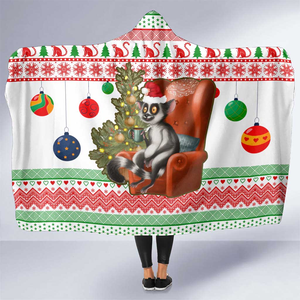 Madagascar Christmas Hooded Blanket with Lemur Santa Hat Holiday Tree and Festive Pattern - Wonder Print Shop