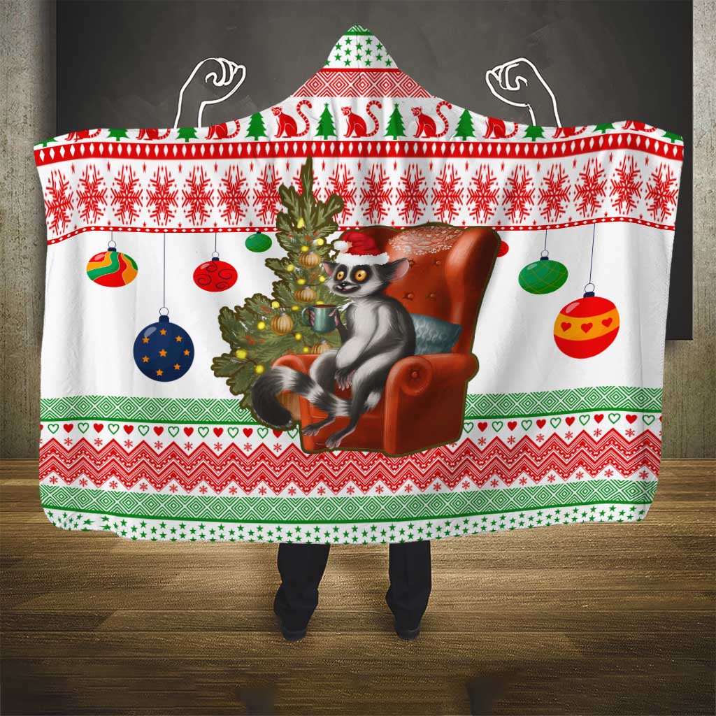 Madagascar Christmas Hooded Blanket with Lemur Santa Hat Holiday Tree and Festive Pattern - Wonder Print Shop