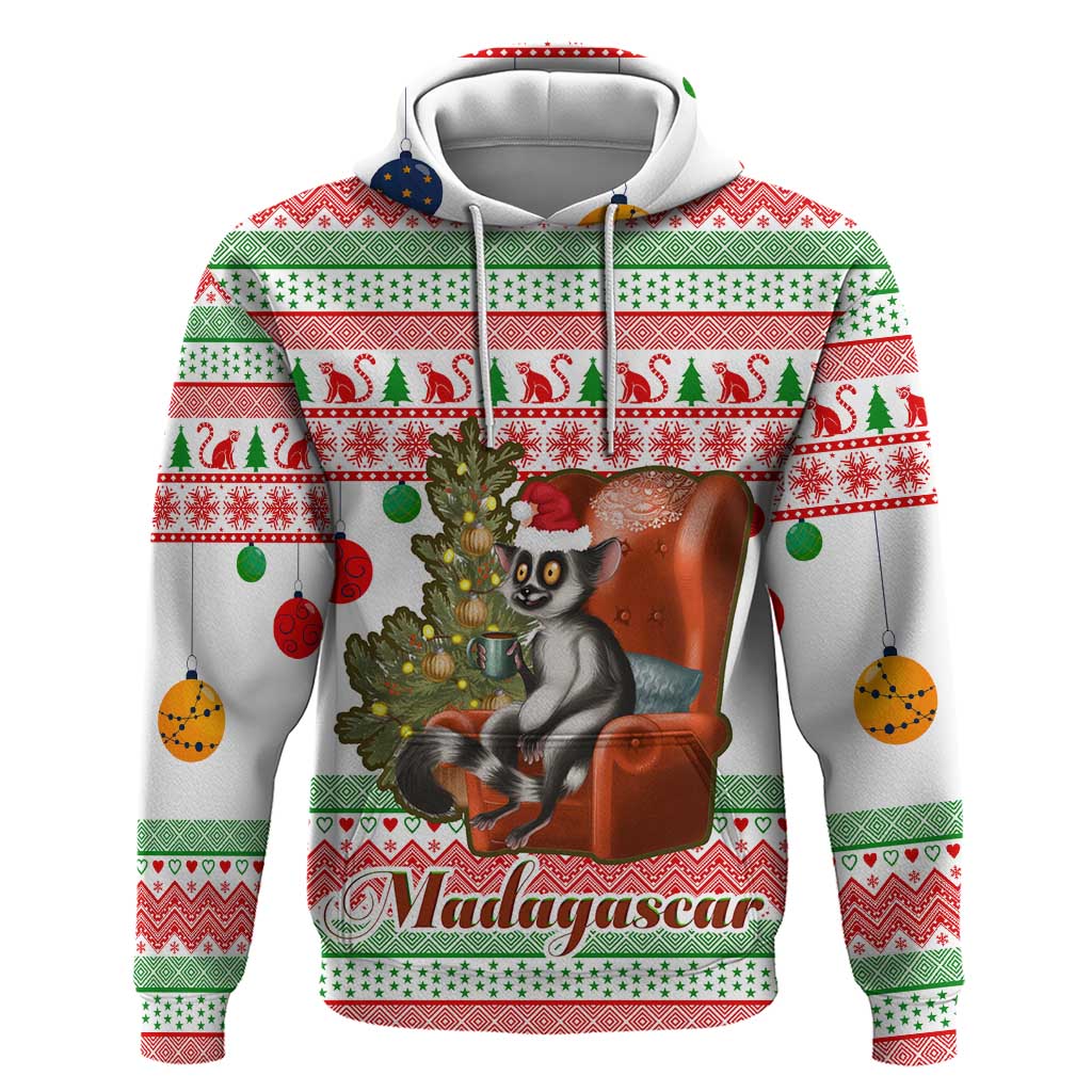 Madagascar Christmas Hoodie with Lemur Santa Hat Holiday Tree and Festive Pattern - Wonder Print Shop