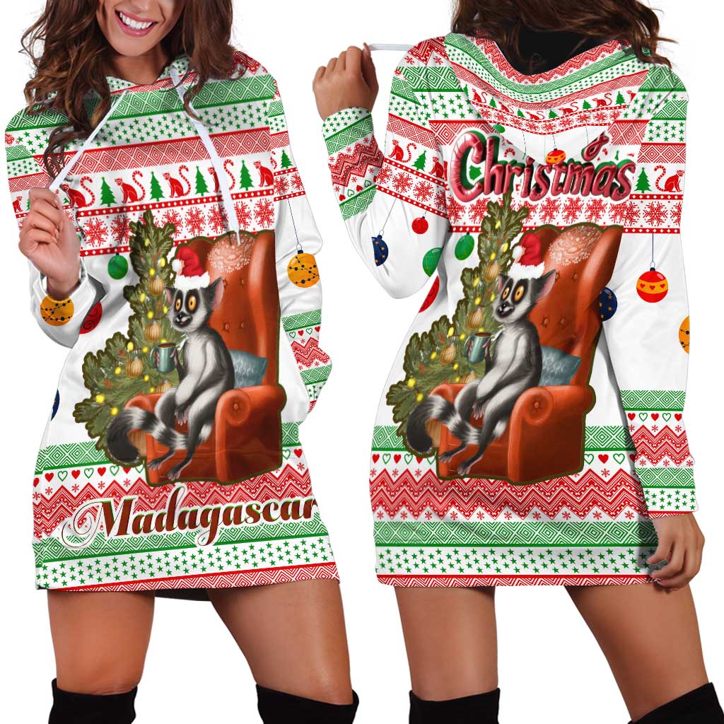 Madagascar Christmas Hoodie Dress with Lemur Santa Hat Holiday Tree and Festive Pattern - Wonder Print Shop