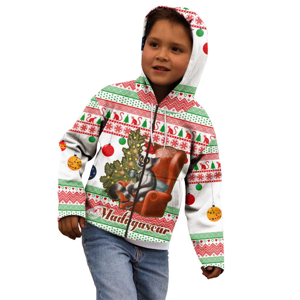 Madagascar Christmas Kid Hoodie with Lemur Santa Hat Holiday Tree and Festive Pattern - Wonder Print Shop