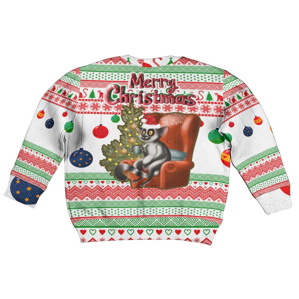 Madagascar Christmas Kid Ugly Christmas Sweater with Lemur Santa Hat Holiday Tree and Festive Pattern - Wonder Print Shop