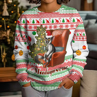 Madagascar Christmas Kid Ugly Christmas Sweater with Lemur Santa Hat Holiday Tree and Festive Pattern - Wonder Print Shop