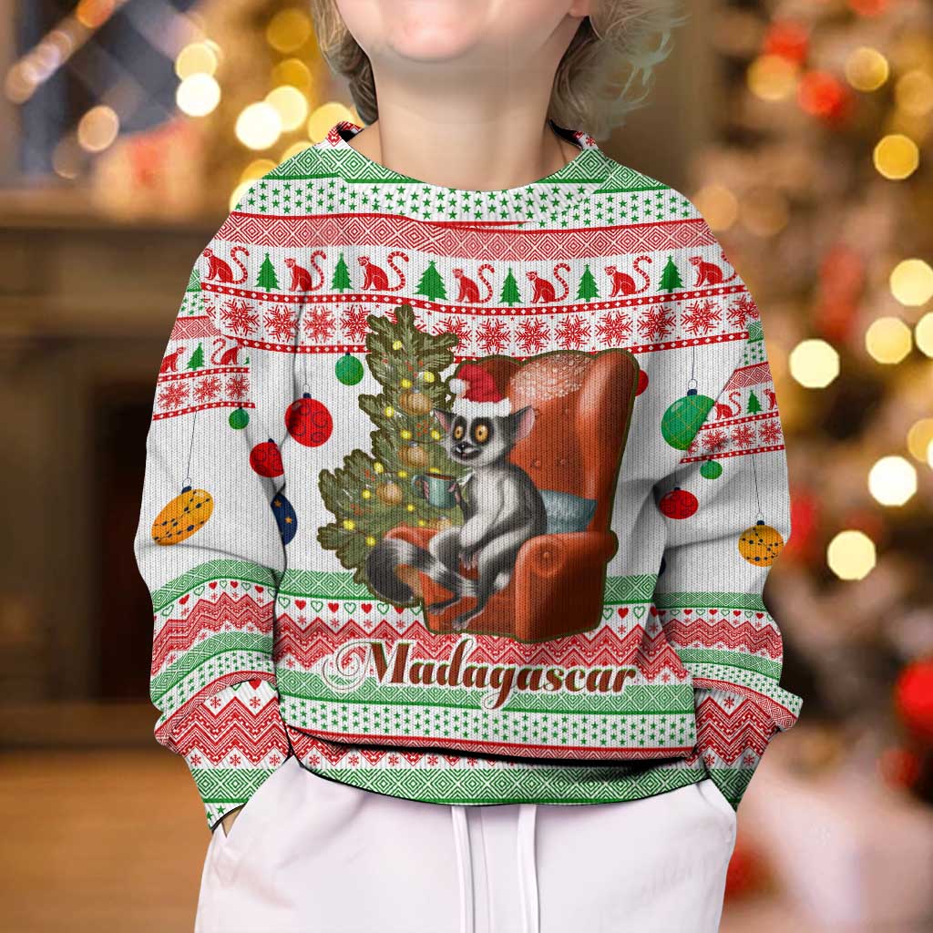 Madagascar Christmas Kid Ugly Christmas Sweater with Lemur Santa Hat Holiday Tree and Festive Pattern - Wonder Print Shop