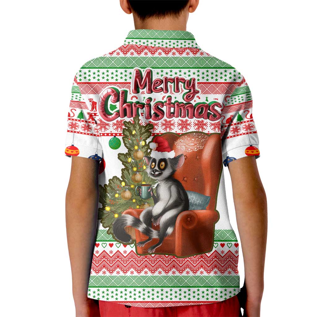 Madagascar Christmas Kid Polo Shirt with Lemur Santa Hat Holiday Tree and Festive Pattern - Wonder Print Shop