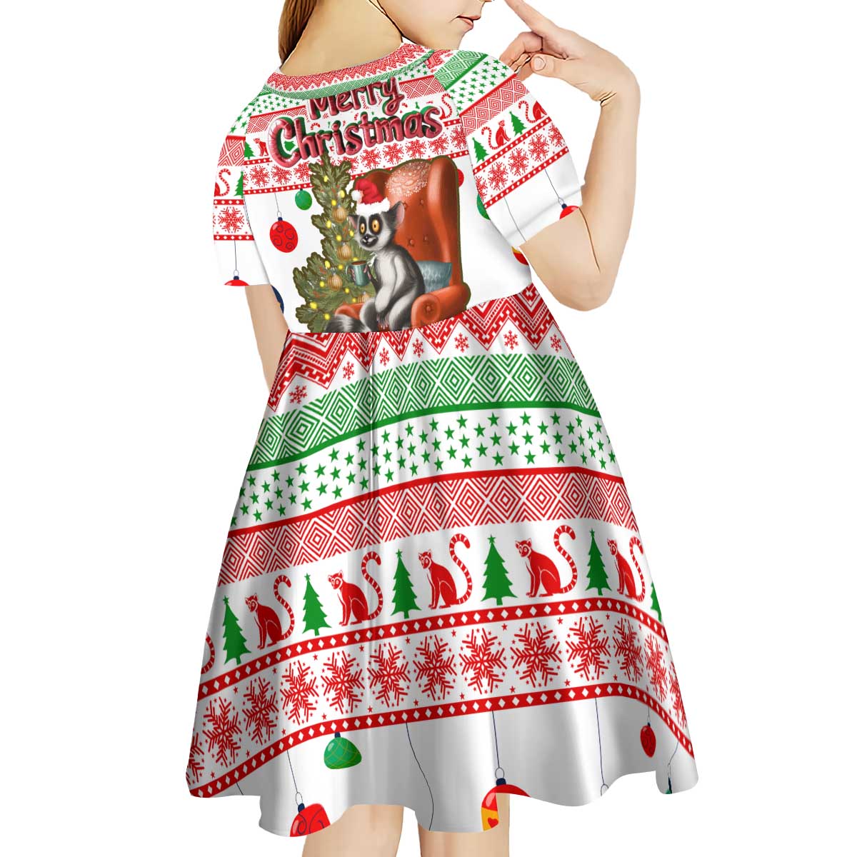 Madagascar Christmas Kid Short Sleeve Dress with Lemur Santa Hat Holiday Tree and Festive Pattern - Wonder Print Shop