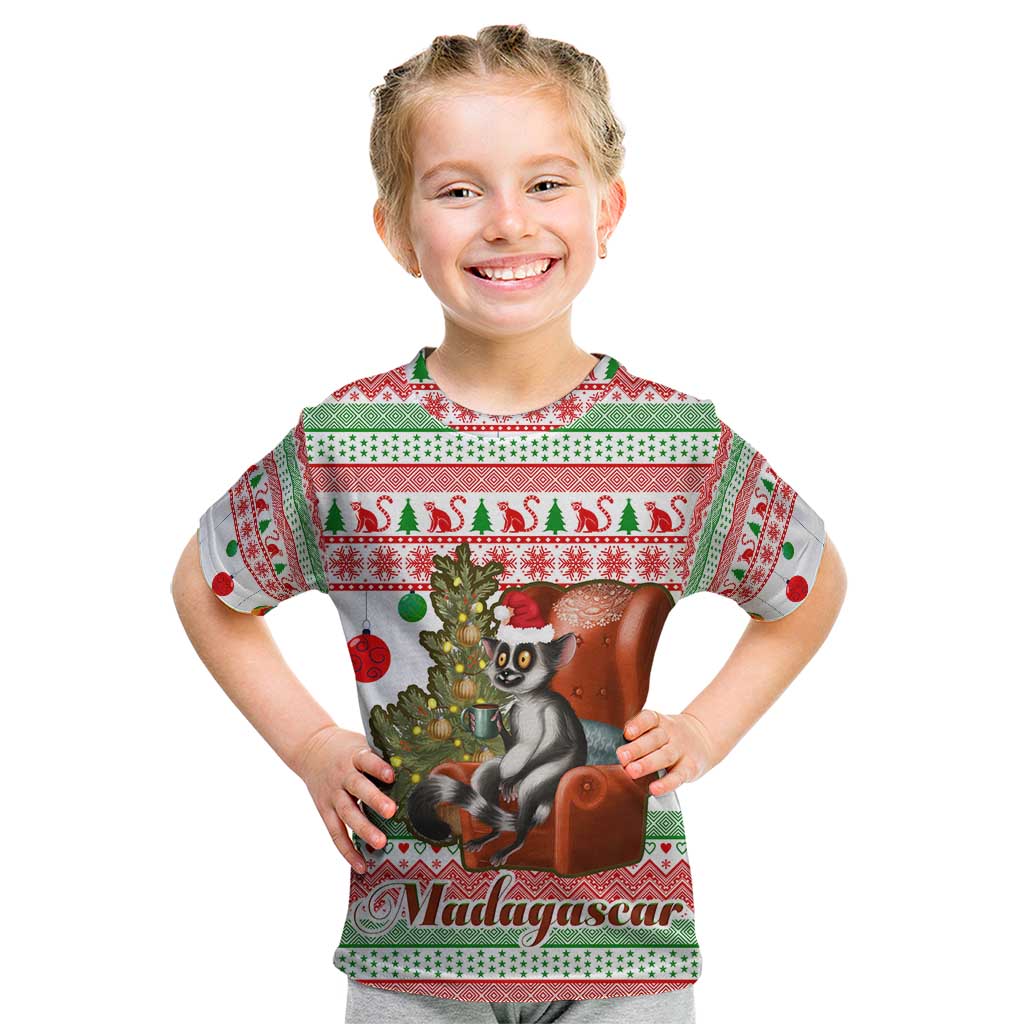 Madagascar Christmas Kid T Shirt with Lemur Santa Hat Holiday Tree and Festive Pattern - Wonder Print Shop