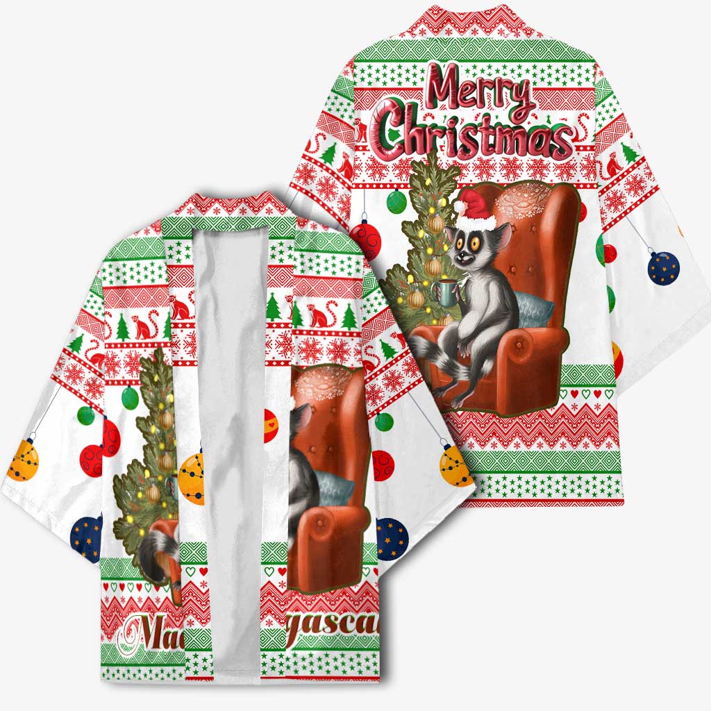 Madagascar Christmas Kimono with Lemur Santa Hat Holiday Tree and Festive Pattern - Wonder Print Shop