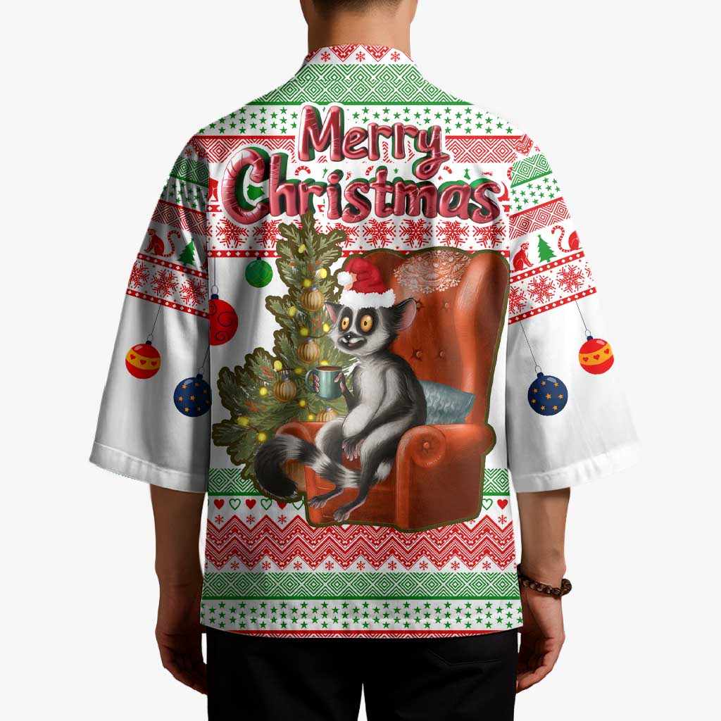 Madagascar Christmas Kimono with Lemur Santa Hat Holiday Tree and Festive Pattern - Wonder Print Shop