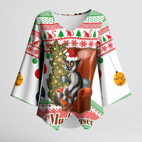 Madagascar Christmas Kimono Sleeve Blouse with Lemur Santa Hat Holiday Tree and Festive Pattern - Wonder Print Shop