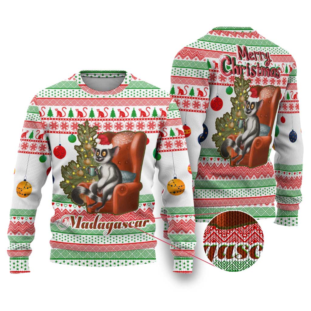 Madagascar Christmas Ugly Christmas Sweater with Lemur Santa Hat Holiday Tree and Festive Pattern - Wonder Print Shop