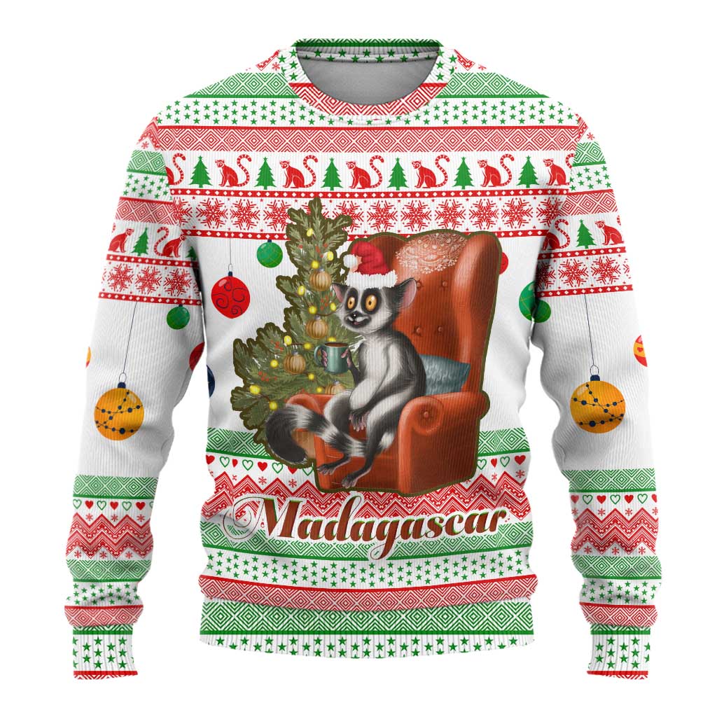 Madagascar Christmas Ugly Christmas Sweater with Lemur Santa Hat Holiday Tree and Festive Pattern - Wonder Print Shop