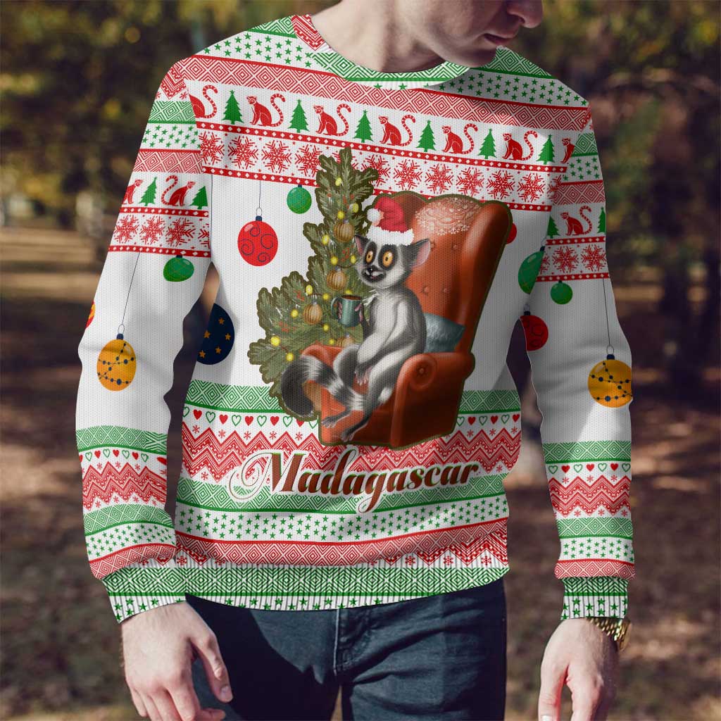 Madagascar Christmas Ugly Christmas Sweater with Lemur Santa Hat Holiday Tree and Festive Pattern - Wonder Print Shop