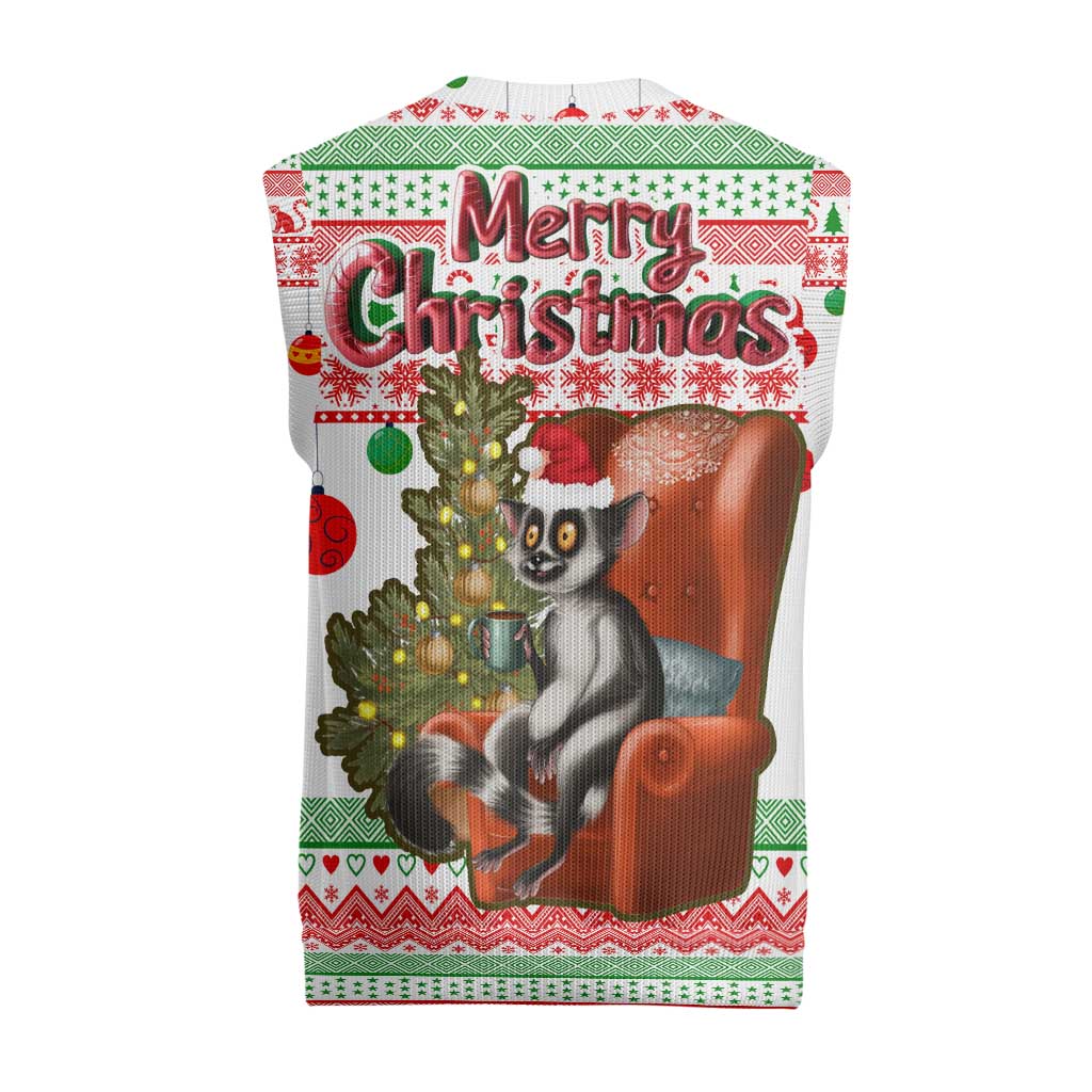 Madagascar Christmas Knitted V-Neck Vest with Lemur Santa Hat Holiday Tree and Festive Pattern - Wonder Print Shop