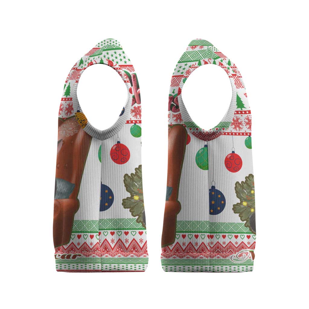 Madagascar Christmas Knitted V-Neck Vest with Lemur Santa Hat Holiday Tree and Festive Pattern - Wonder Print Shop