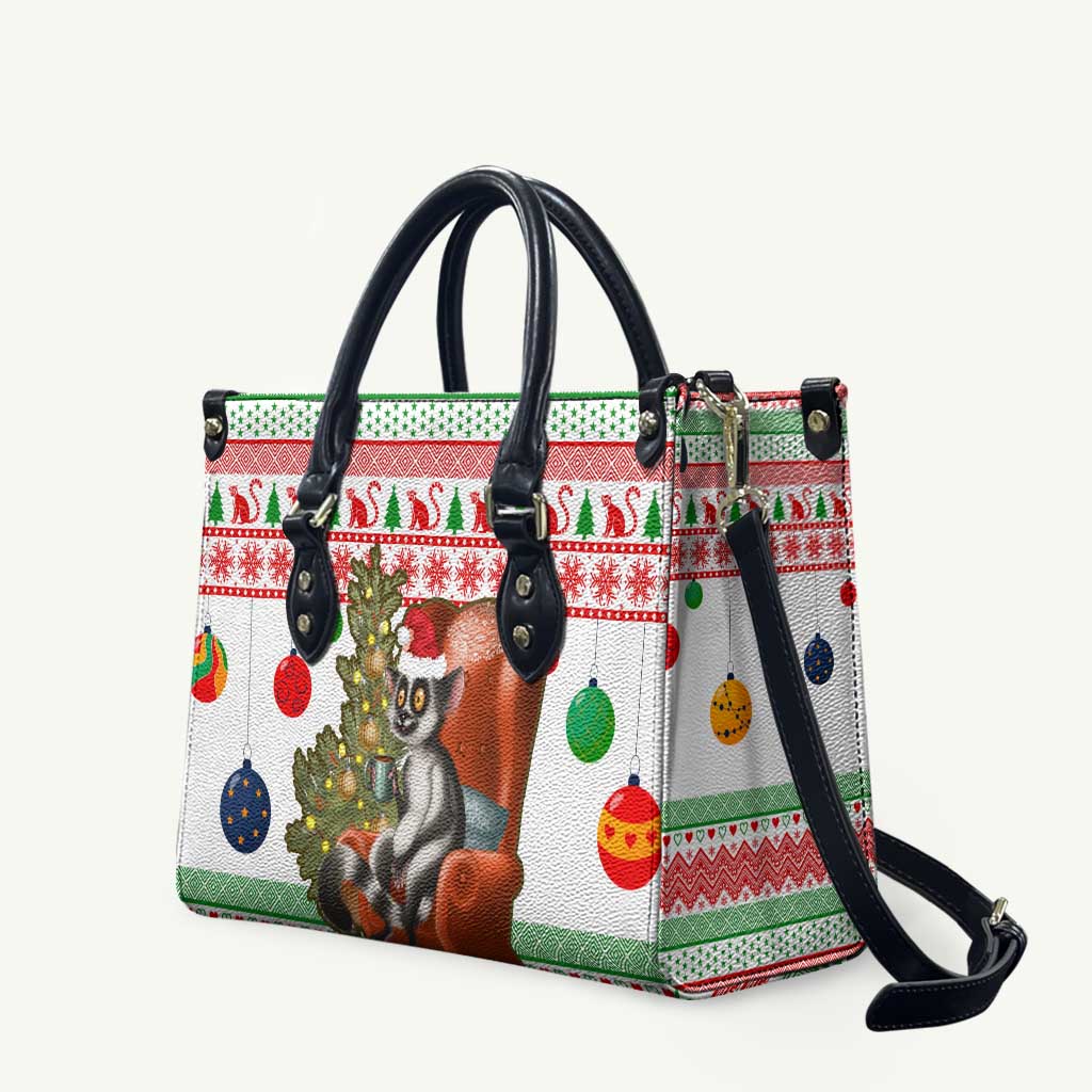 Madagascar Christmas Leather Bag with Lemur Santa Hat Holiday Tree and Festive Pattern - Wonder Print Shop
