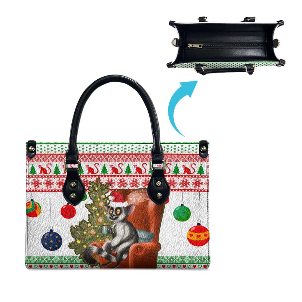 Madagascar Christmas Leather Bag with Lemur Santa Hat Holiday Tree and Festive Pattern - Wonder Print Shop