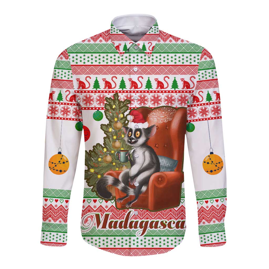 Madagascar Christmas Long Sleeve Button Shirt with Lemur Santa Hat Holiday Tree and Festive Pattern - Wonder Print Shop