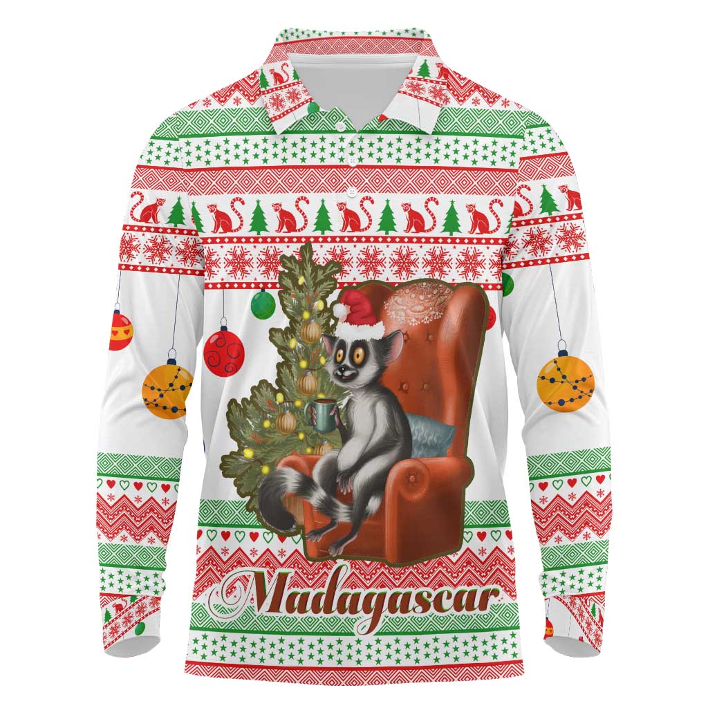 Madagascar Christmas Long Sleeve Polo Shirt with Lemur Santa Hat Holiday Tree and Festive Pattern - Wonder Print Shop